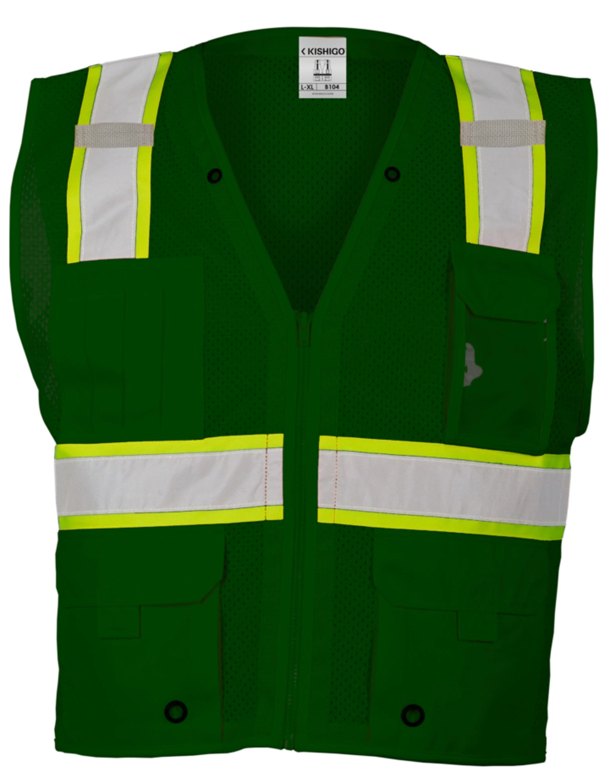 Green, Enhanced Visibility, Multi Pocket Mesh Vest, S-M w/ Full Color Graphic