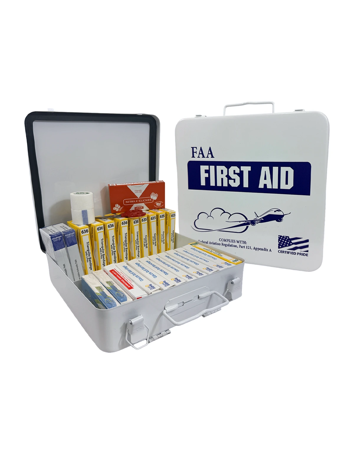 FAA Approved Airline First Aid Kit in Metal Carrying Case with Wall Mounts