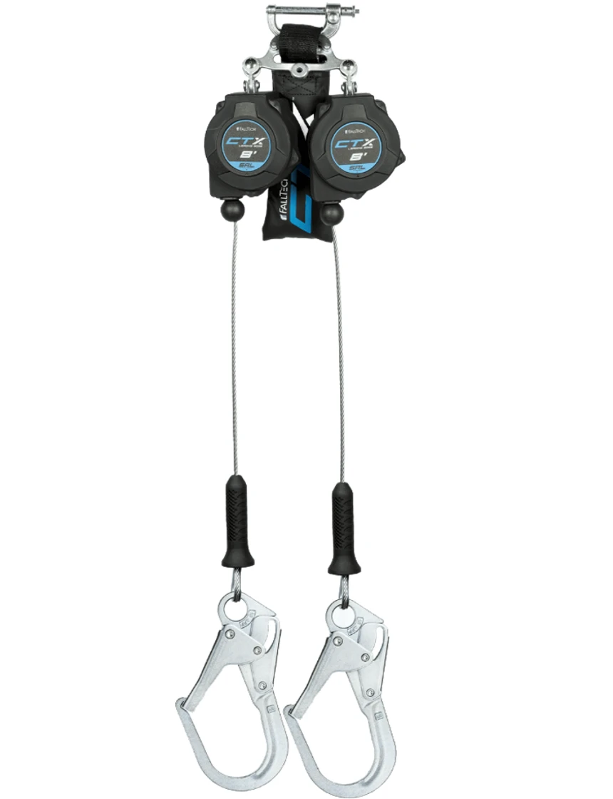 FallTech 8\u0027 CTX™ Cable Class 2 Leading Edge Personal SRL-P, Twin-leg with Steel Rebar Hooks
