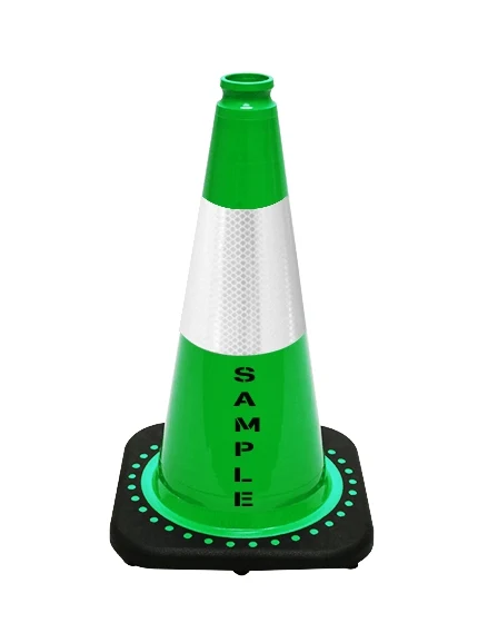 Green 18 inch Cone with Black Base 6\" Reflective Collar and Custom Lettering