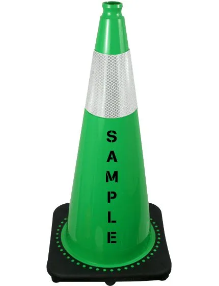 Green 28 inch 7 lbs JBC Black Base Traffic Cone with Single 6\" Reflective Collar and Custom Lettering