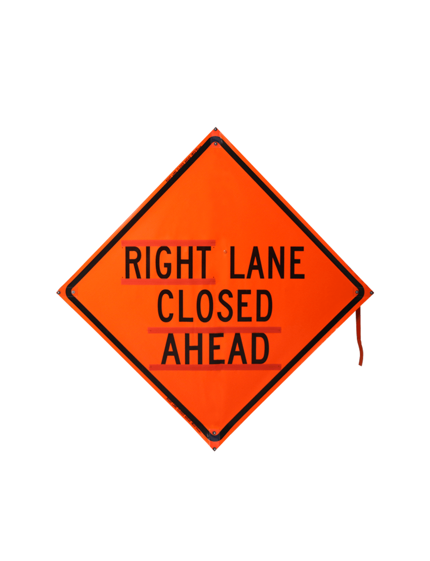 36\", Heavy Duty, Non-Reflective Roll Up Sign w/ Velcro For Overlays, Right Lane Closed Ahead