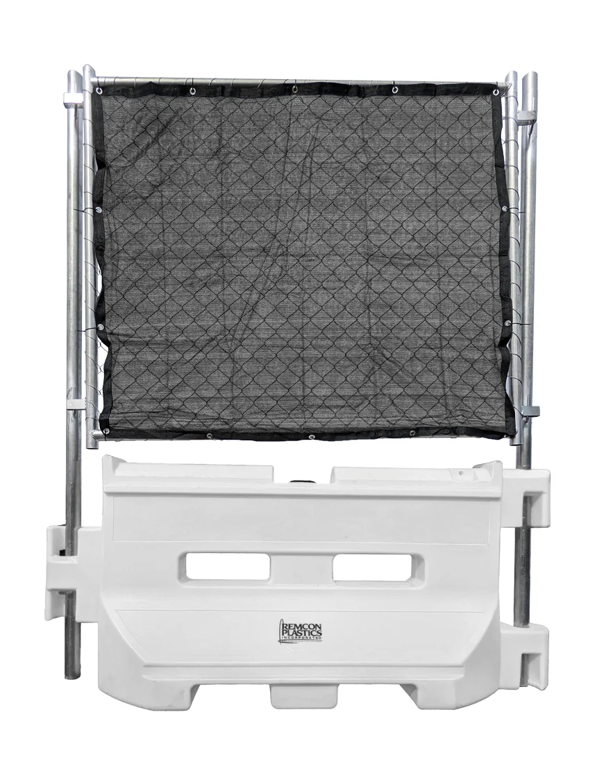 White 36\" Construction Barricade w/ One Pro Fence Fence Panel w/ Black Privacy Screen