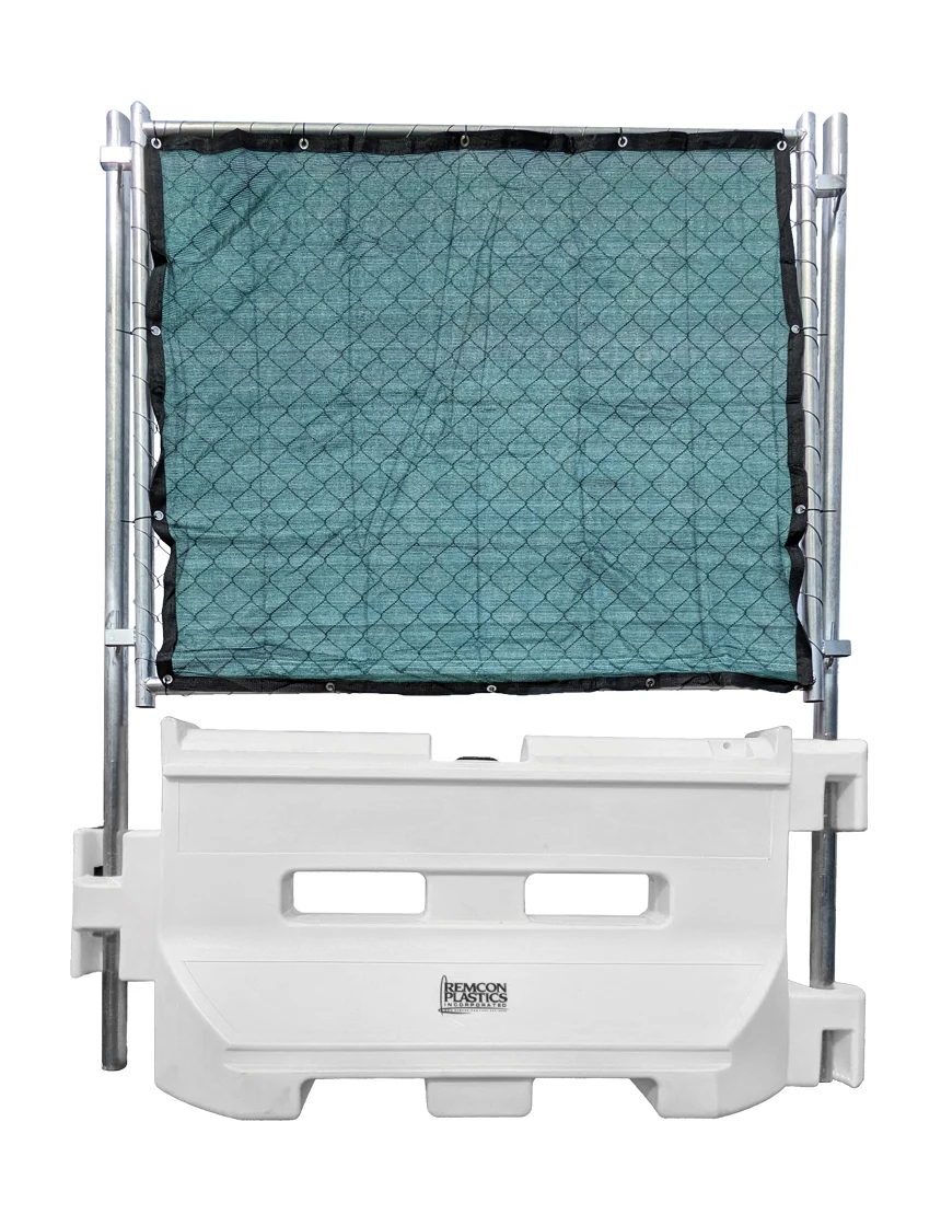 White 36\" Construction Barricade w/ One Pro Fence Fence Panel w/ Green Privacy Screen