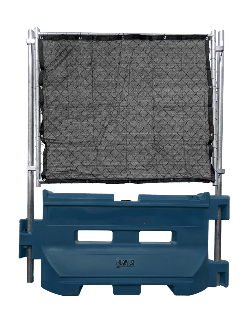 Dark Blue 36\" Construction Barricade w/ One Pro Fence Fence Panel w/ Black Privacy Screen