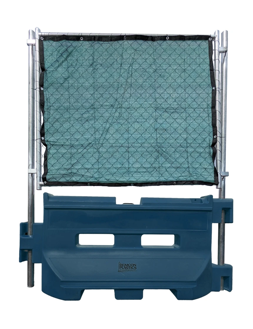 Dark Blue 36\" Construction Barricade w/ One Pro Fence Fence Panel w/ Green Privacy Screen