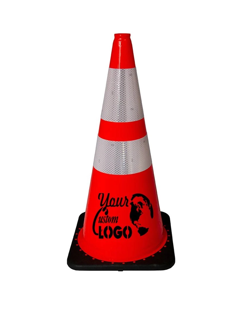 Orange 28\" 5.5 lbs JBC Black Base Traffic Cone w/ 6\" \u0026 4\" Reflective Collar w/ Single Color Graphic