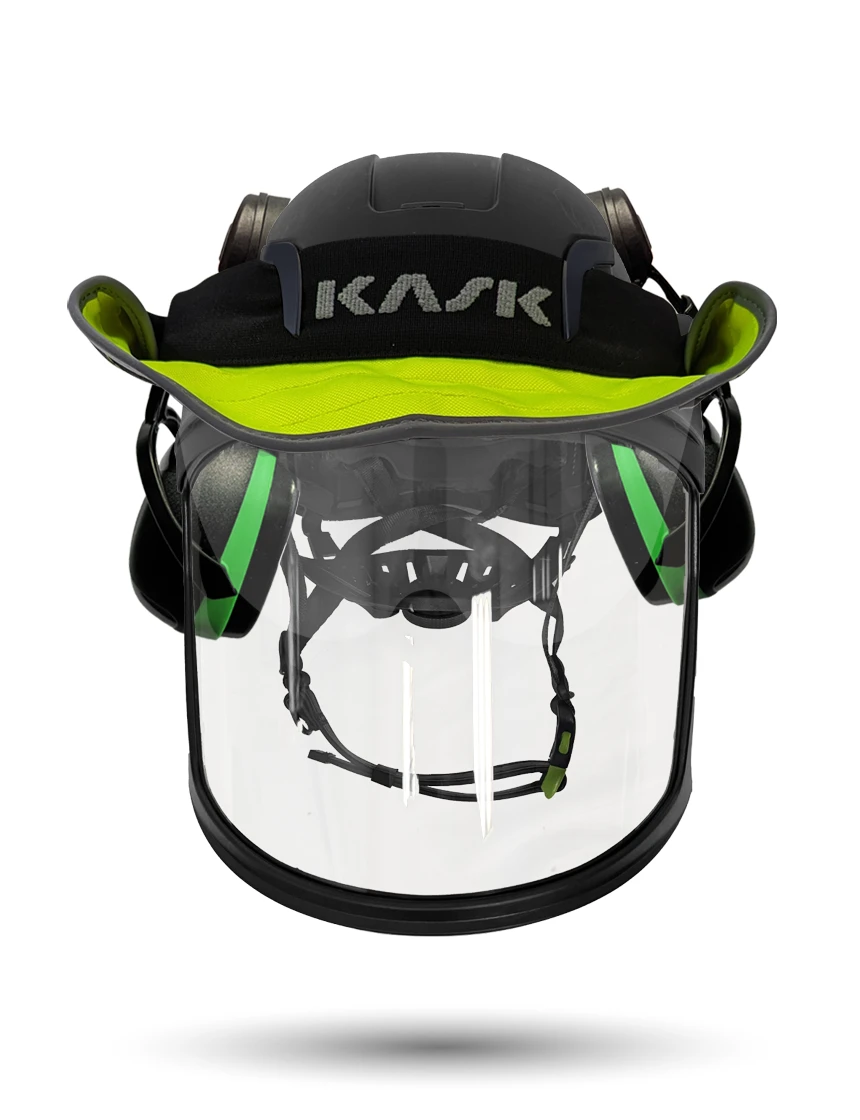 Black Kask Zenith X2 ANSI Class E Safety Helmet w/ Full-Face Visor Kit (Clear) \u0026 Orange Ear Muffs (High Noise Reduction - 29-31 Db) \u0026 360-Degree Sun Shield (Yellow Fluorescent)