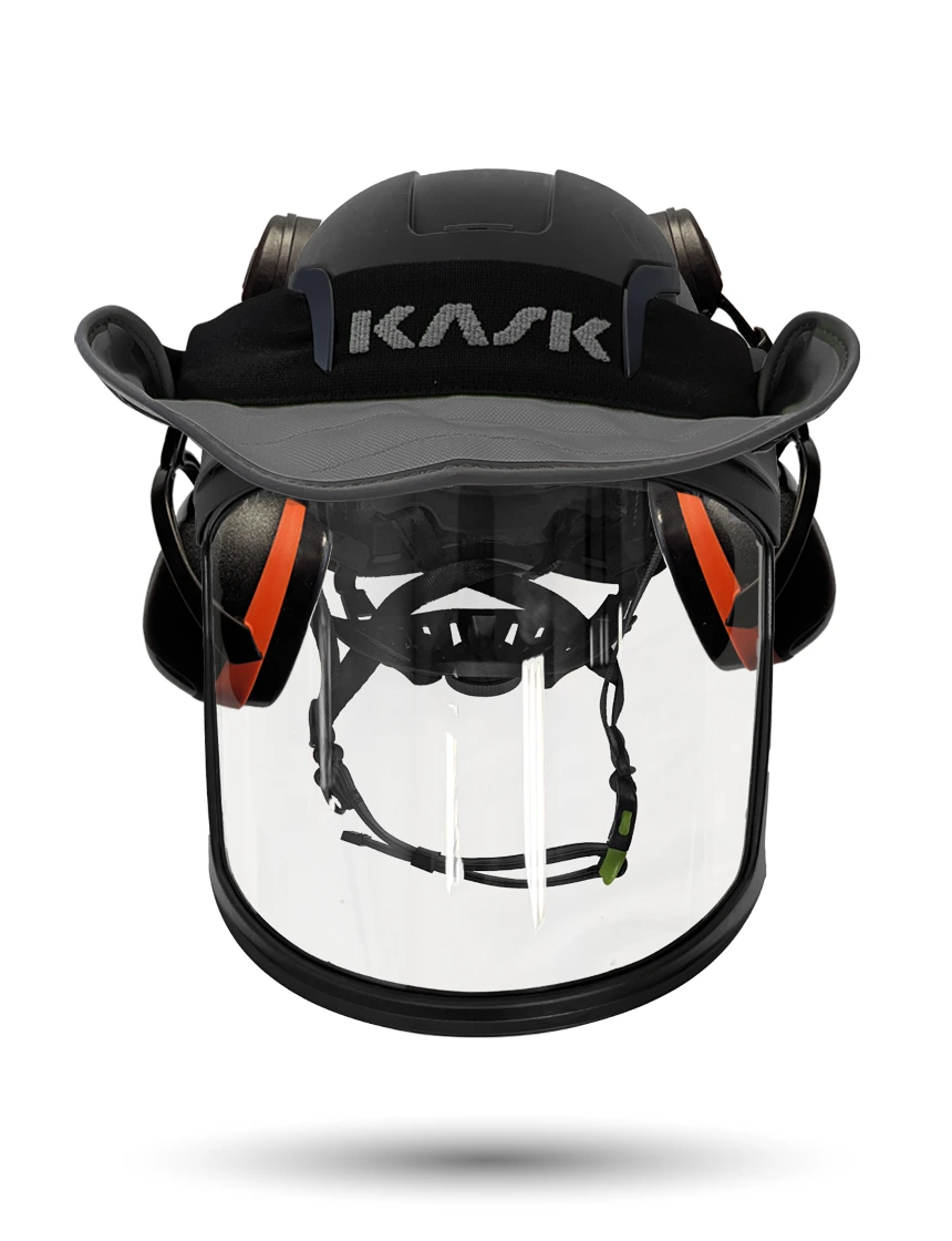 Black Kask Zenith X2 ANSI Class E Safety Helmet w/ Full-Face Visor Kit (Clear) \u0026 Orange Ear Muffs (High Noise Reduction - 29-31 Db) \u0026 360-Degree Sun Shield (Anthracite Gray)