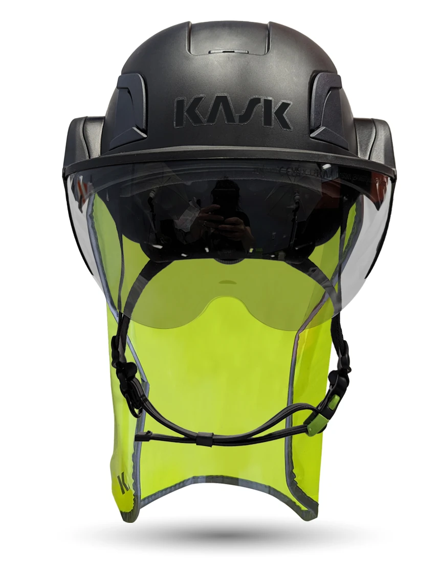Black Kask Zenith X2 ANSI Class E Safety Helmet w/ Half-Face Visor Kit (Silver Mirror) \u0026 10\" Neck Protector (Yellow Fluorescent)