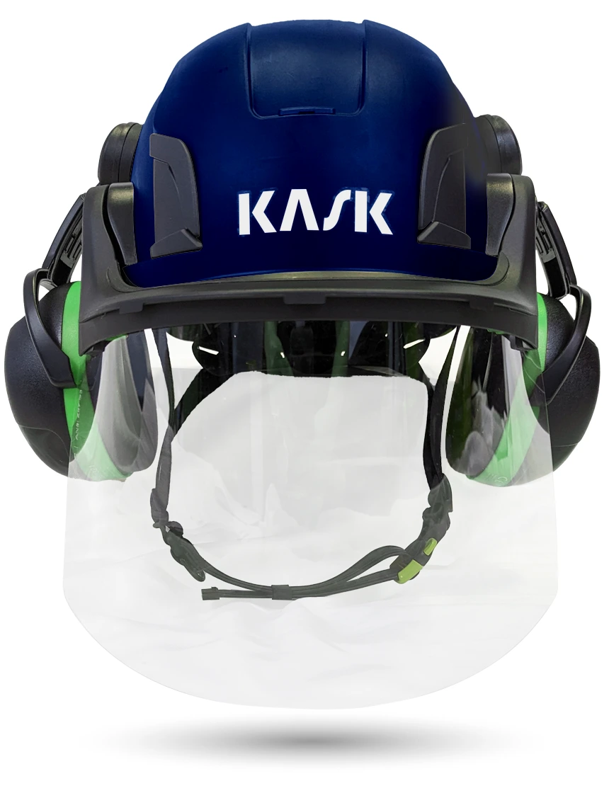 Blue Kask Zenith X2 ANSI Class E Safety Helmet w/ Full-Face Shield \u0026 Brim Kit (Clear) \u0026 Green Ear Muffs (Low To Medium Noise Reduction - 23-25 Db)