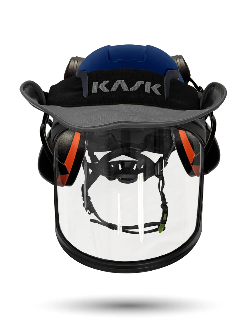 Blue Kask Zenith X2 ANSI Class E Safety Helmet w/ Full-Face Visor Kit (Clear) \u0026 Orange Ear Muffs (High Noise Reduction - 29-31 Db) \u0026 360-Degree Sun Shield (Anthracite Gray)
