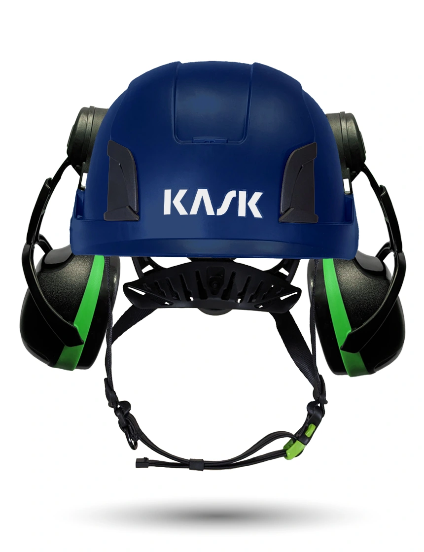 Blue Kask Zenith X2 ANSI Class E Safety Helmet w/ Green Ear Muffs (Low To Medium Noise Reduction - 23-25 Db)
