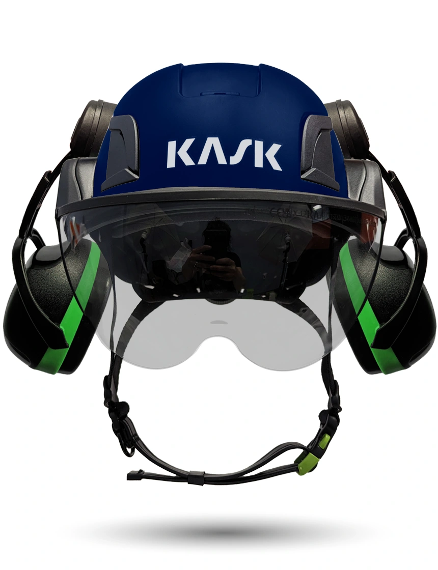 Blue Kask Zenith X2 ANSI Class E Safety Helmet w/ Half-Face Visor Kit (Silver Mirror) \u0026 Green Ear Muffs (Low To Medium Noise Reduction - 23-25 Db)