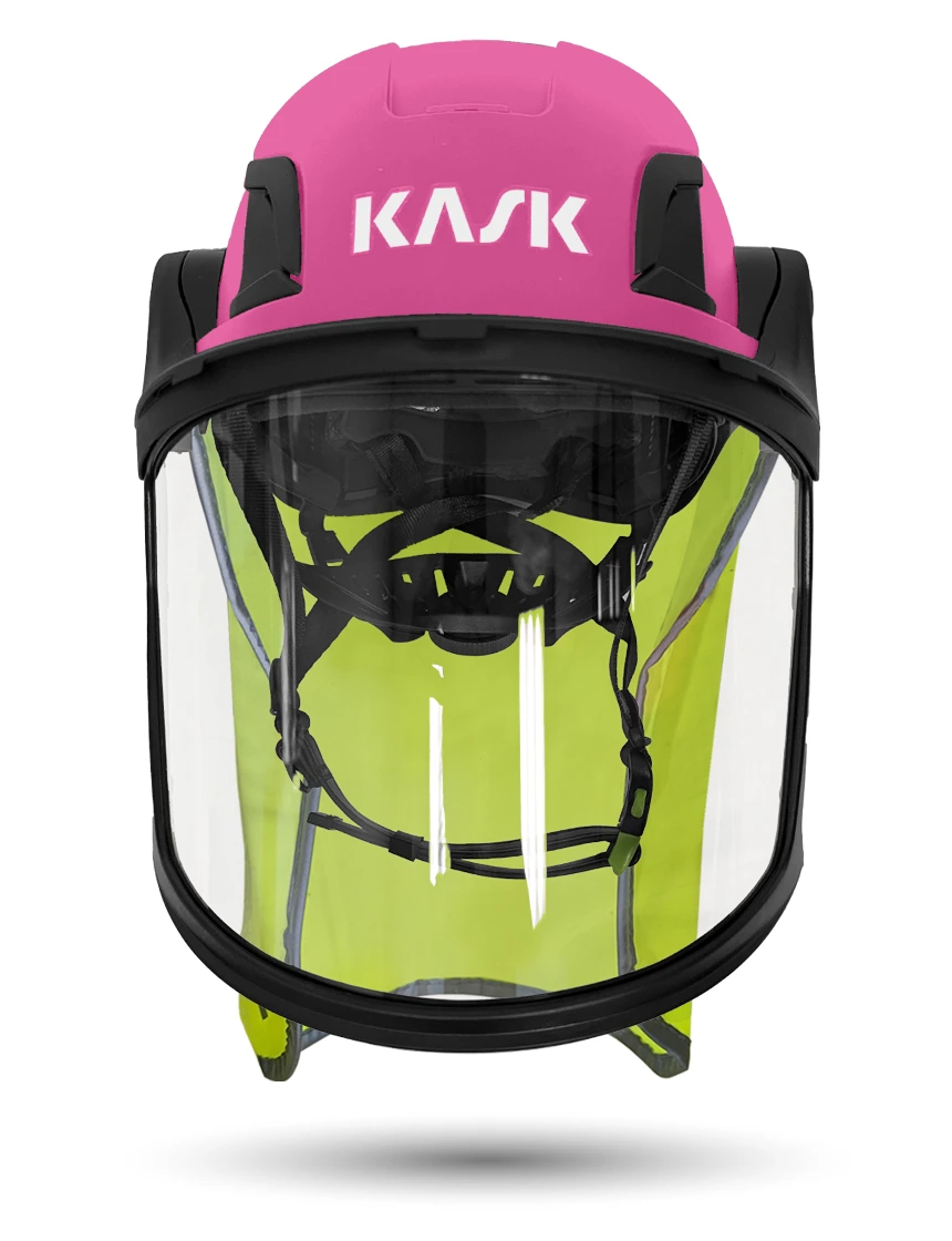 Pink Kask Zenith X2 ANSI Class E Safety Helmet w/ Full-Face Visor Kit (Clear) \u0026 10\" Neck Protector (Yellow Fluorescent)