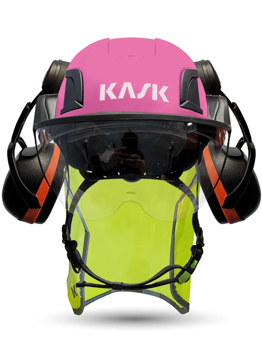 Pink Kask Zenith X2 ANSI Class E Safety Helmet w/ Full-Face Visor Kit (Clear) \u0026 Orange Ear Muffs (High Noise Reduction - 29-31 Db) \u0026 10\" Neck Protector (Yellow Fluorescent)