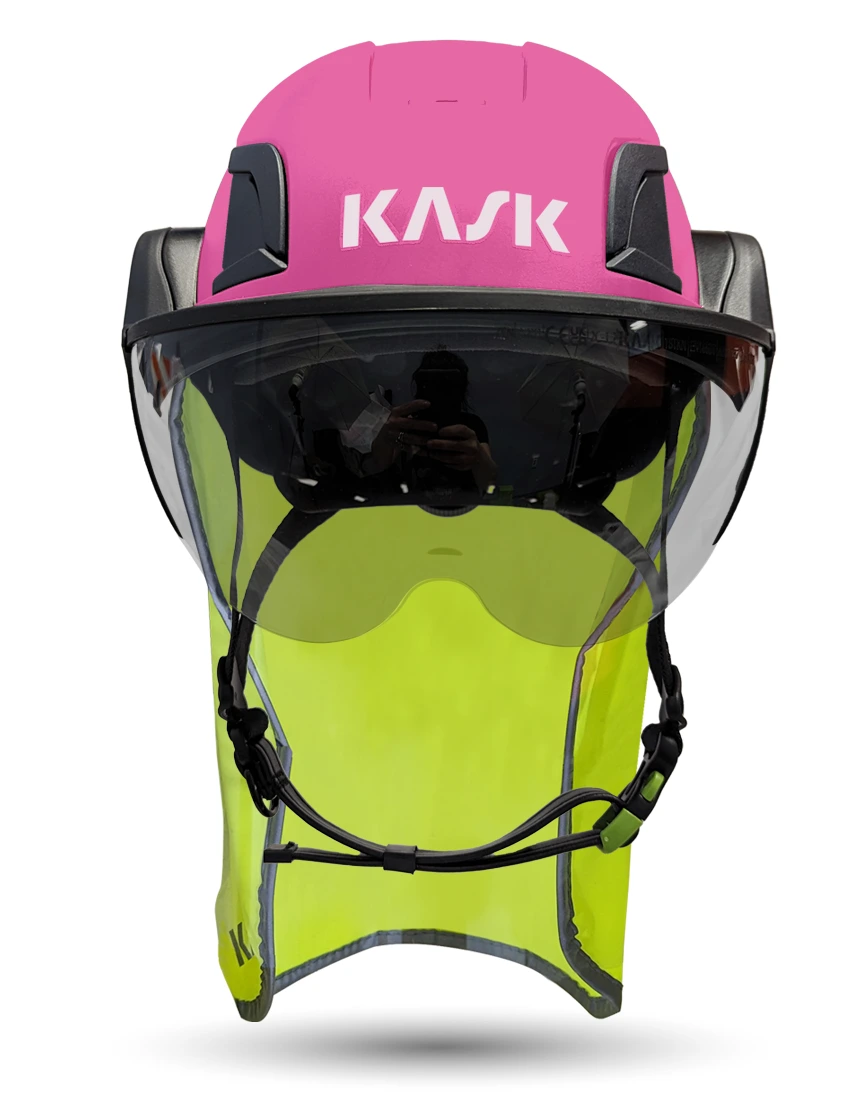 Pink Kask Zenith X2 ANSI Class E Safety Helmet w/ Half-Face Visor Kit (Silver Mirror) \u0026 10\" Neck Protector (Yellow Fluorescent)