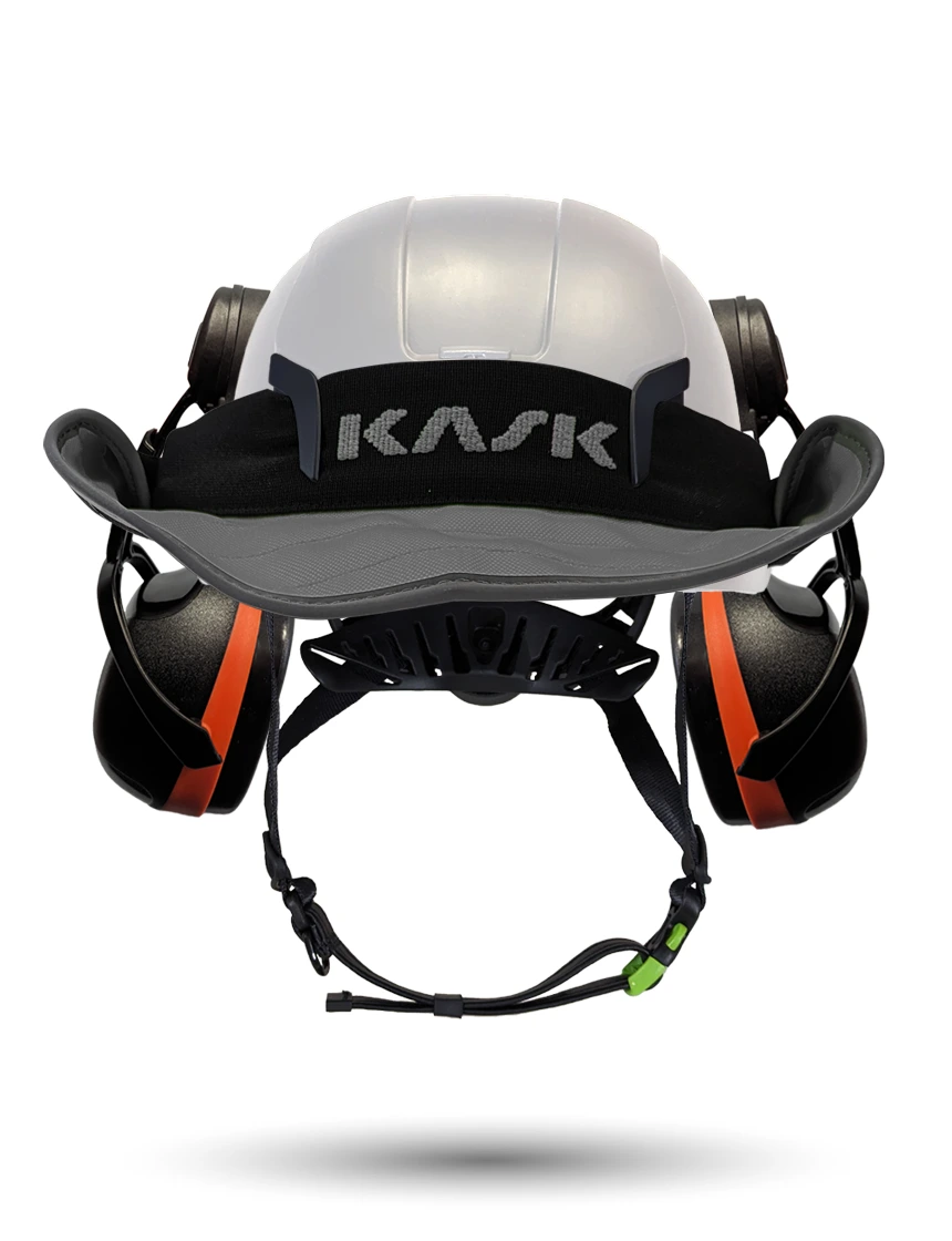 White KASK Zenith X2 ANSI Safety Helmet with Orange Ear Muffs (High Noise Reduction - 29-31 dB) \u0026 360-degree Sun Shield (Anthracite Gray)