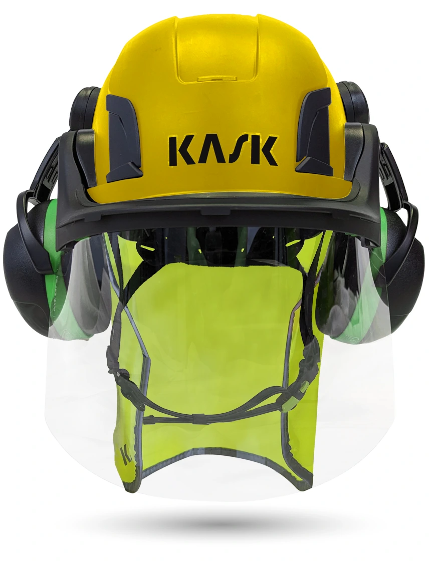 Yellow Kask Zenith X2 ANSI Class E Safety Helmet w/ Full-Face Shield \u0026 Brim Kit (Clear) \u0026 Green Ear Muffs (Low To Medium Noise Reduction - 23-25 Db) \u0026 10\" Neck Protector (Yellow Fluorescent)