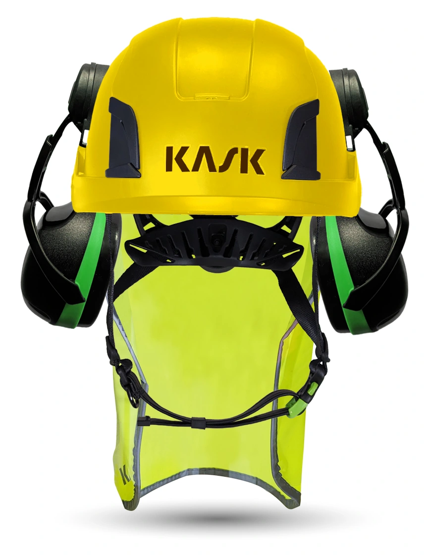 Yellow Kask Zenith X2 ANSI Class E Safety Helmet w/ Green Ear Muffs (Low To Medium Noise Reduction - 23-25 Db) \u0026 10\" Neck Protector (Yellow Fluorescent)