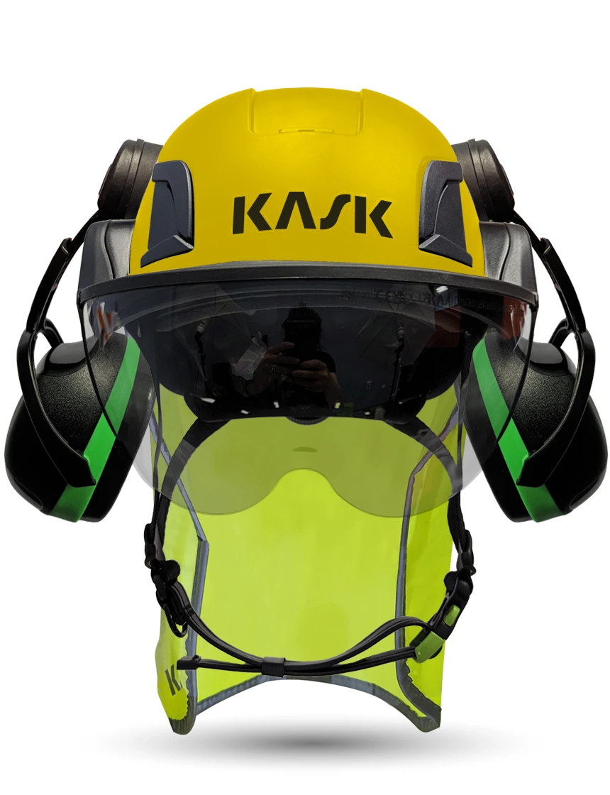 Yellow Kask Zenith X2 ANSI Class E Safety Helmet w/ Half-Face Visor Kit (Silver Mirror) \u0026 Green Ear Muffs (Low To Medium Noise Reduction - 23-25 Db) \u0026 10\" Neck Protector (Yellow Fluorescent)