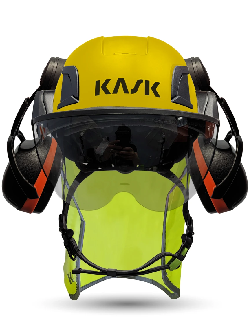 Yellow Kask Zenith X2 ANSI Class E Safety Helmet w/ Half-Face Visor Kit (Silver Mirror) \u0026 Orange Ear Muffs (High Noise Reduction - 29-31 Db) \u0026 10\" Neck Protector (Yellow Fluorescent)