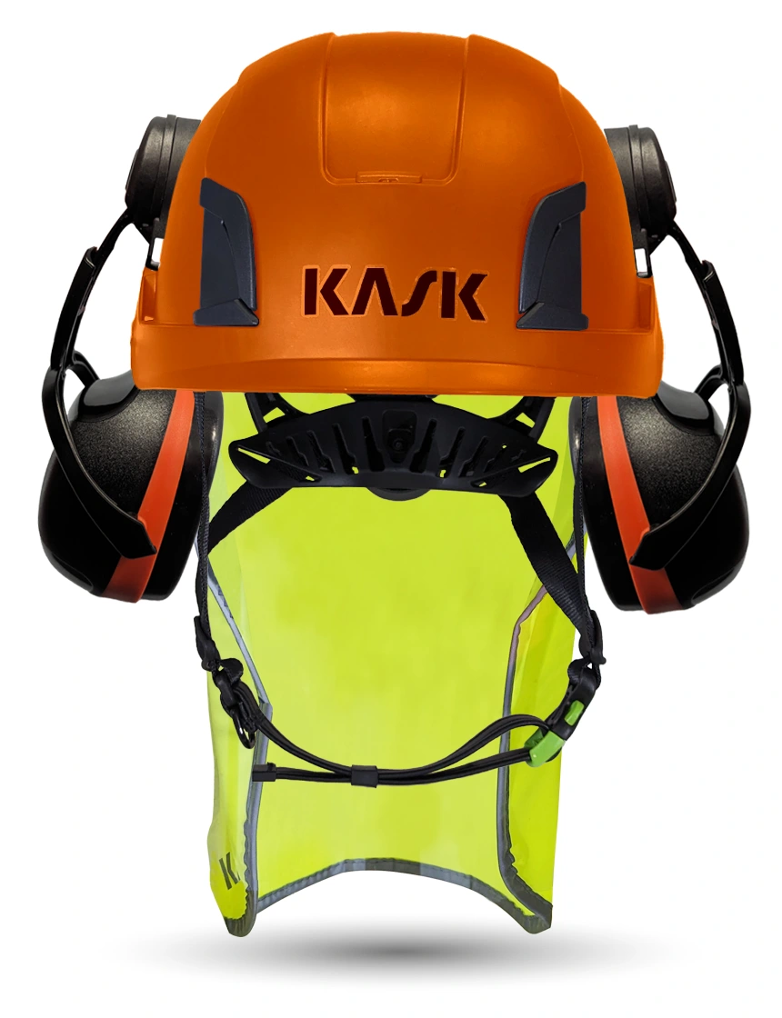 Orange Kask Zenith X2 ANSI Class E Safety Helmet w/ Orange Ear Muffs (High Noise Reduction - 29-31 Db) \u0026 10\" Neck Protector (Yellow Fluorescent)