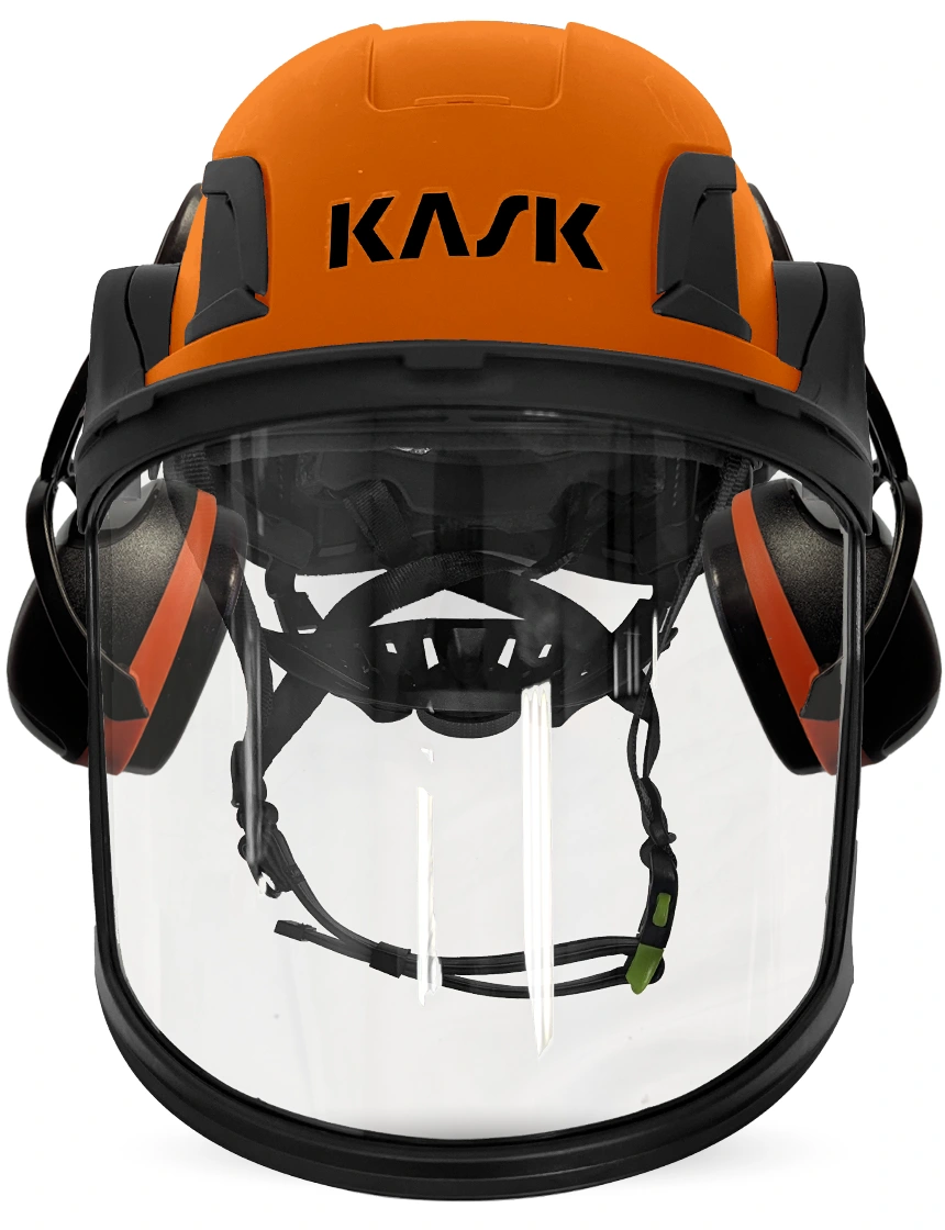 Orange Kask Zenith X2 ANSI Class E Safety Helmet w/ Full-Face Visor Kit (Clear) \u0026 Orange Ear Muffs (High Noise Reduction - 29-31 Db)
