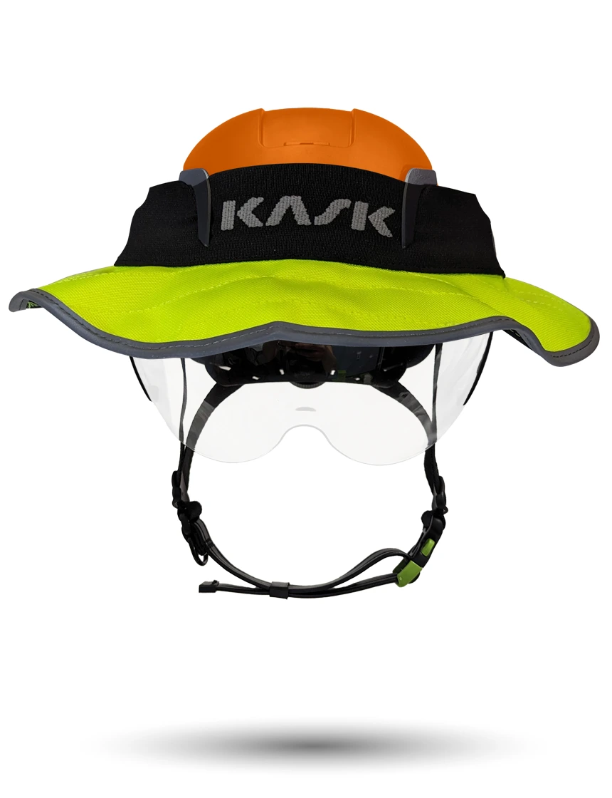 Orange Kask Zenith X2 ANSI Class E Safety Helmet w/ Half-Face Visor Kit (Clear) \u0026 360-Degree Sun Shield (Yellow Fluorescent)