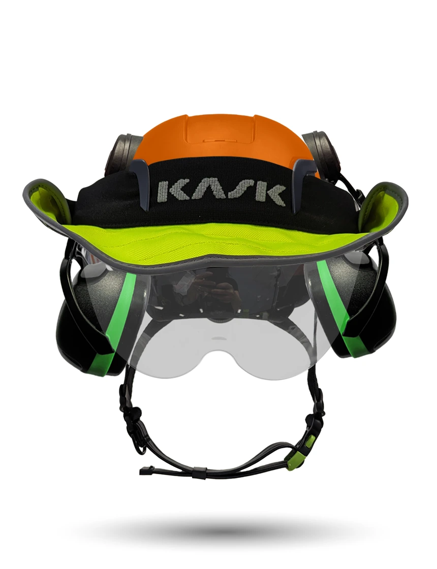 Orange Kask Zenith X2 ANSI Class E Safety Helmet w/ Half-Face Visor Kit (Silver Mirror) \u0026 Green Ear Muffs (Low To Medium Noise Reduction - 23-25 Db) \u0026 360-Degree Sun Shield (Yellow Fluorescent)