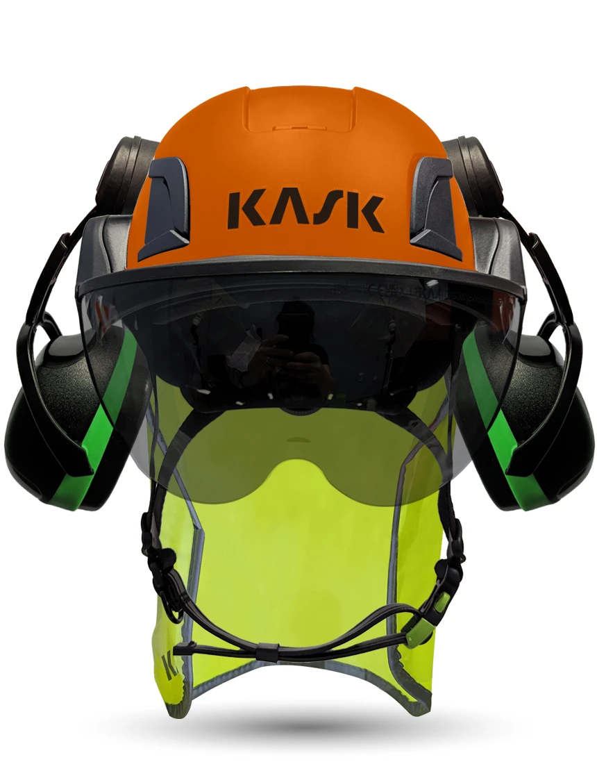 Orange Kask Zenith X2 ANSI Class E Safety Helmet w/ Half-Face Visor Kit (Smoke) \u0026 Green Ear Muffs (Low To Medium Noise Reduction - 23-25 Db) \u0026 10\" Neck Protector (Yellow Fluorescent)