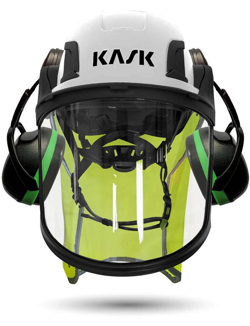 White Kask Zenith X2 ANSI Class E Safety Helmet w/ Full-Face Visor Kit (Clear) \u0026 Green Ear Muffs (Low To Medium Noise Reduction - 23-25 Db) \u0026 10\" Neck Protector (Yellow Fluorescent)
