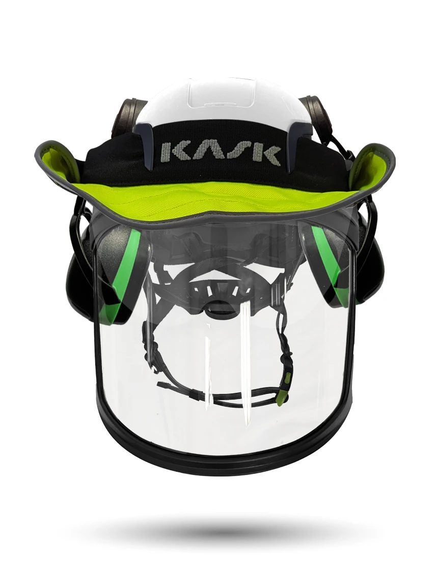 White Kask Zenith X2 ANSI Class E Safety Helmet w/ Full-Face Visor Kit (Clear) \u0026 Green Ear Muffs (Low To Medium Noise Reduction - 23-25 Db) \u0026 360-Degree Sun Shield (Yellow Fluorescent)