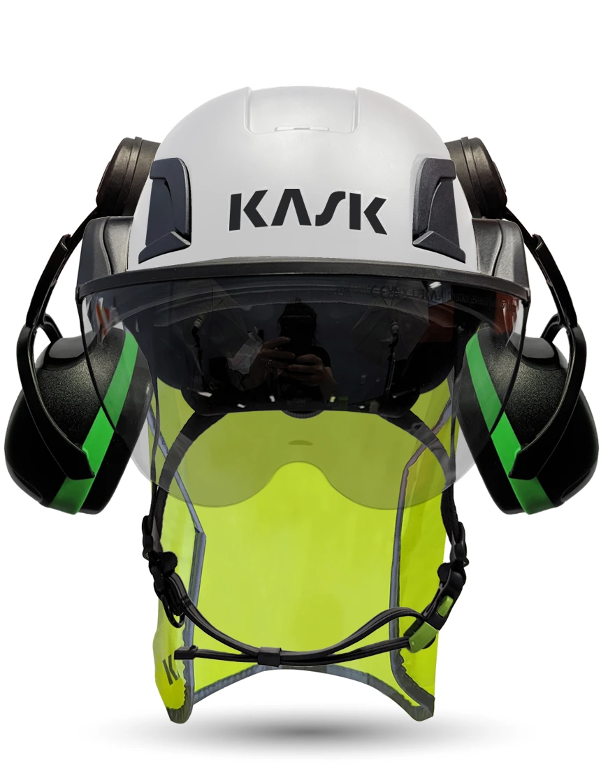 White Kask Zenith X2 ANSI Class E Safety Helmet w/ Half-Face Visor Kit (Silver Mirror) \u0026 Green Ear Muffs (Low To Medium Noise Reduction - 23-25 Db) \u0026 10\" Neck Protector (Yellow Fluorescent)