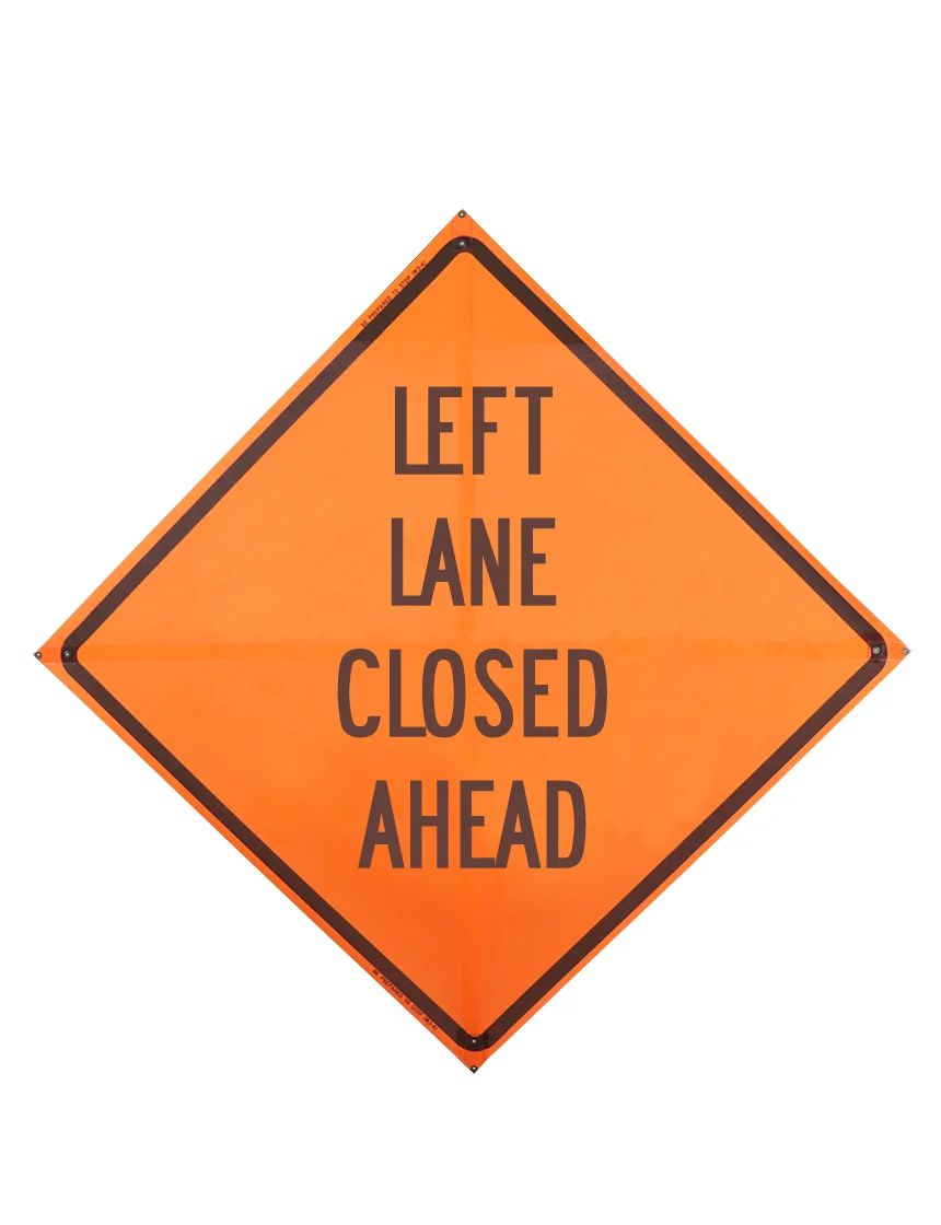 Left Lane Closed Ahead Sign Sewn Pockets Mesh 48\" X 48\"