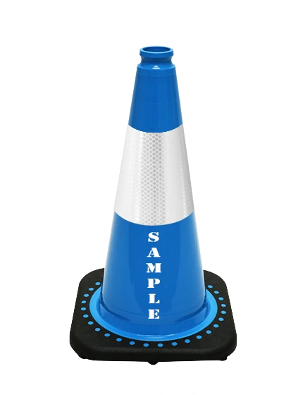Light Blue 18 inch Cone with Black Base 6\" Reflective Collar and Custom Lettering
