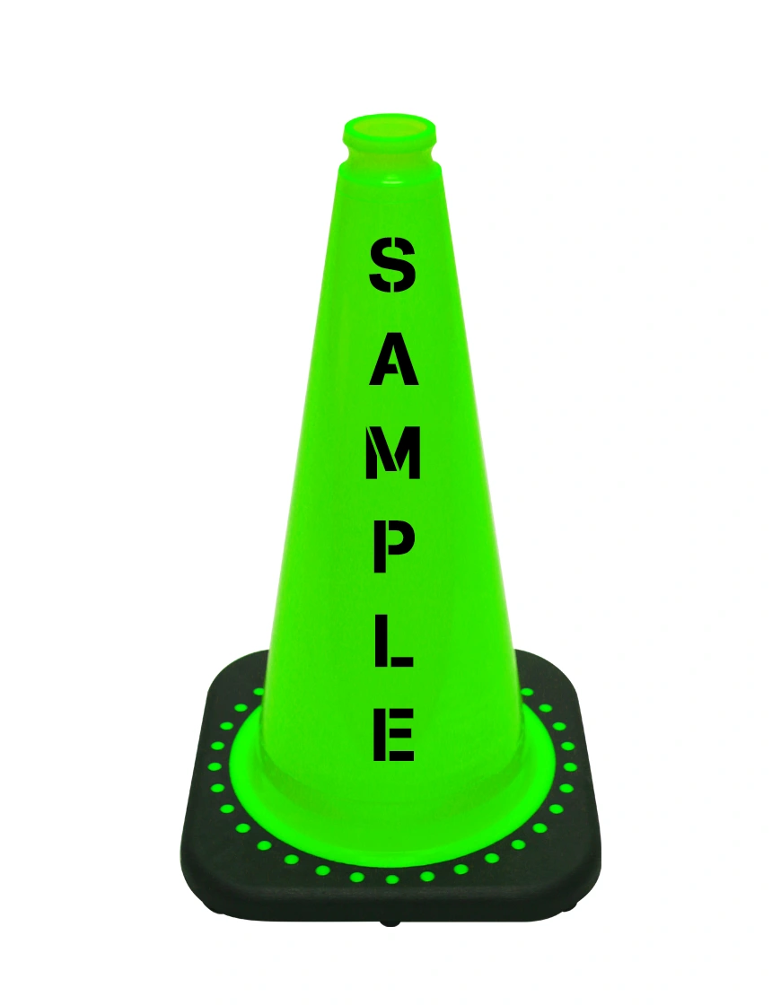 Lime 18 inch JBC Black Base Traffic Cone with Double Sided Lettering