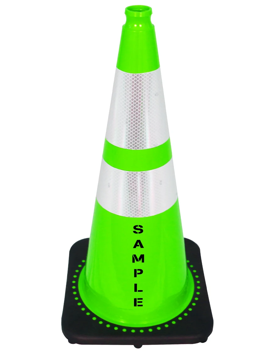Lime 28 inch 7 lbs JBC Black Base Traffic Cone 6\" \u0026 4\" Reflective Collars and Double Sided Lettering