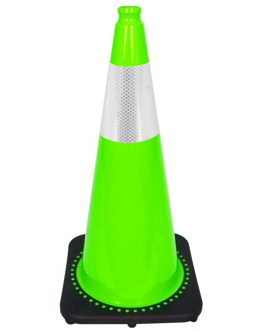 Lime 28 inch 7 lbs JBC Black Base Traffic Cone with 6\" Reflective Collar