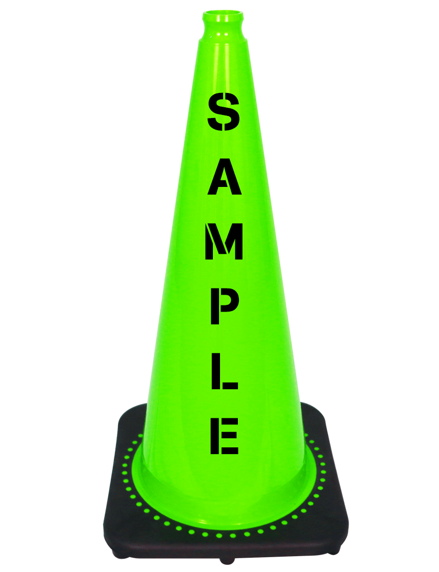 Lime 28 inch 7 lbs JBC Black Base Traffic Cone with Double Sided Lettering