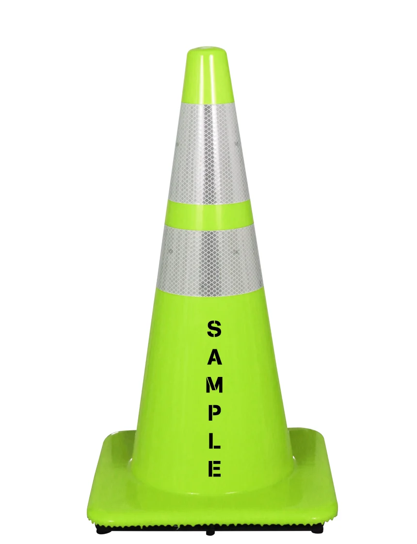 lime 28 inch traffic cones w 2 reflective collars  lettering single side 