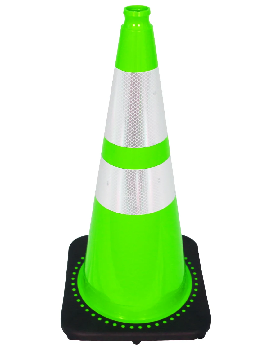 Lime 28\" 7 lbs JBC Black Base Traffic Cone w/ 6\" \u0026 4\" Reflective Collars