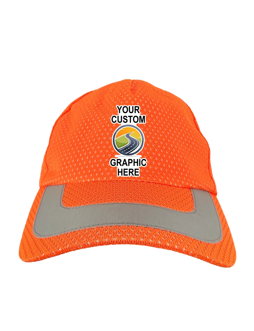 Occunomix High Visibility Orange, Adjustable, Mesh Baseball Cap with Reflective Trim \u0026 Full Color Custom Graphic