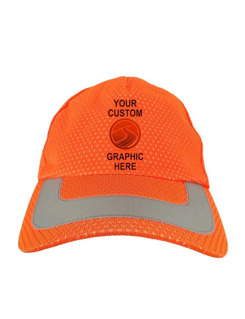 Occunomix High Visibility Orange, Adjustable, Mesh Baseball Cap with Reflective Trim \u0026 Single Color Custom Graphic