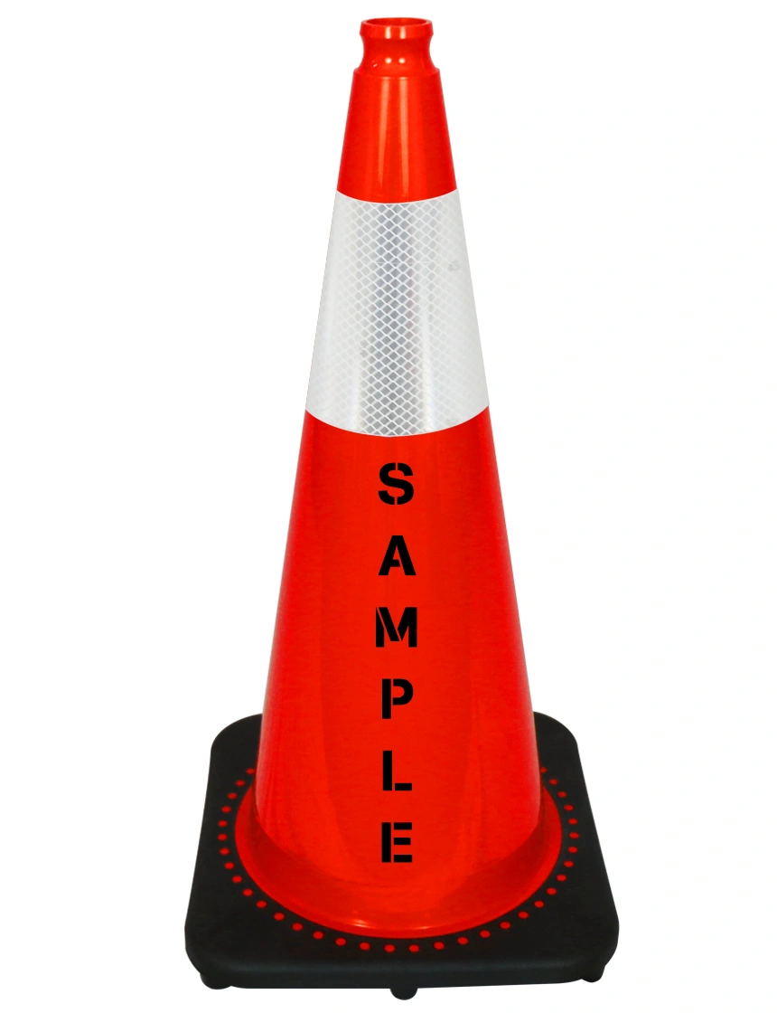 Orange 28 inch 10 lbs JBC Black Base Traffic Cone with Single 6\" Reflective Collar and Custom Lettering