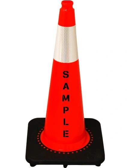Orange 28 inch 7 lbs Slim Line JBC Black Base Traffic Cone with Single 6\" Reflective Collars and Lettering