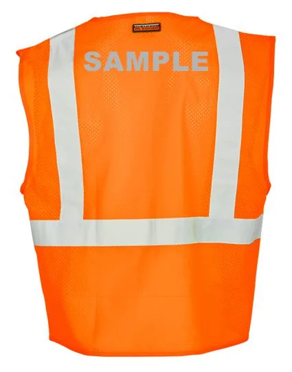 Orange, Class 2, Three Pocket, Zipper, Mesh Vest, Large w/ Custom Reflective Lettering