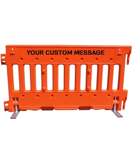 Orange, Pedestrian Wall Barricade w/ T-Legs (72\" L x 3\" W x 38\" H) w/ Custom Lettering