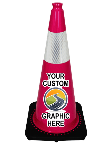 Pink 28\" 7 lbs JBC Black Base Traffic Cone w/ 6\" Reflective Collar w/ Full Color Graphic