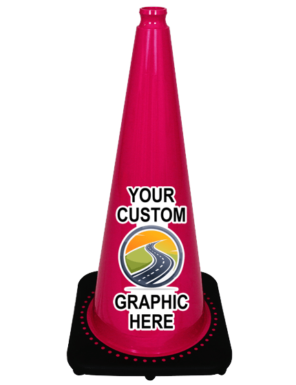 Pink 28\" 7 lbs JBC Black Base Traffic Cone w/ Full Color Graphic